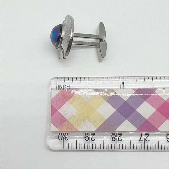 🎁 Vintage Silver Tone Round Design Iridescent Stone Cufflinks Menswear - Picture 4 of 5